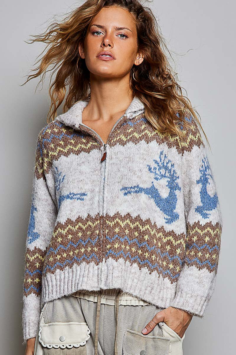 Fair Isle Zip-Up Knit Cardigan in Oatmeal Multi