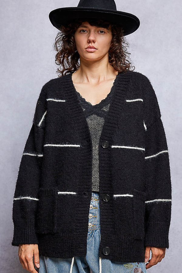 Striped Open Front Cardigan in Black Multi