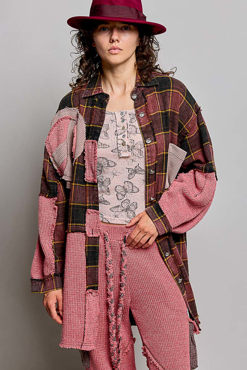 PREORDER- Balloon Sleeve Peace Patch Plaid Top