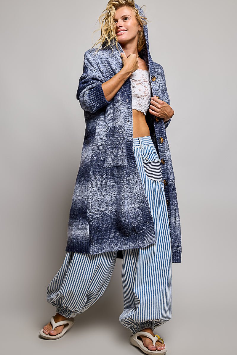 Longline Knit Hooded Cardigan in Blue Multi