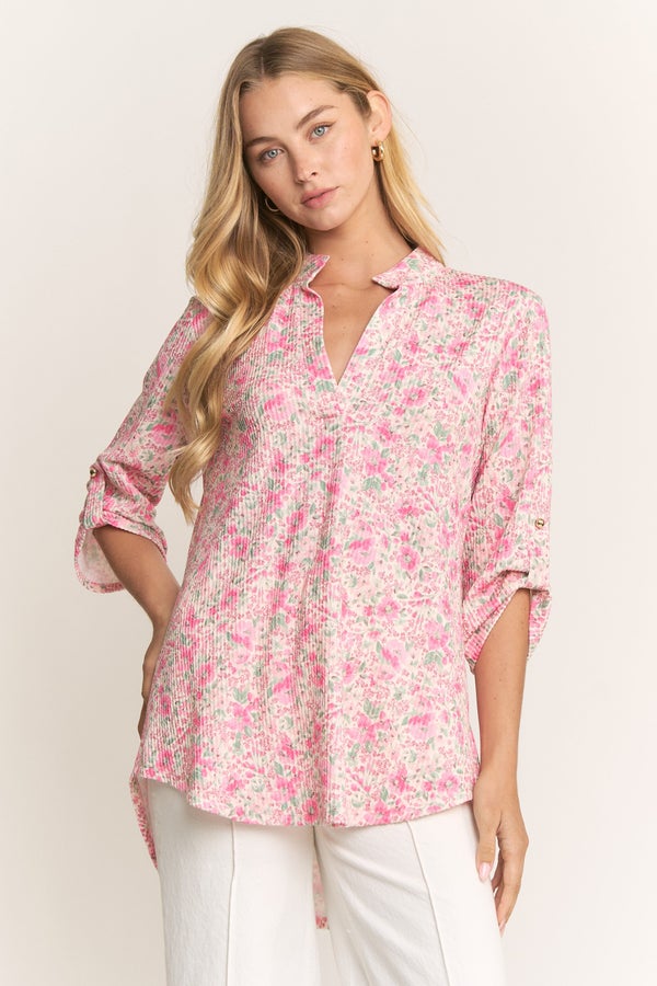 Button Sleeve Collar Multi Color Floral Top - Cream