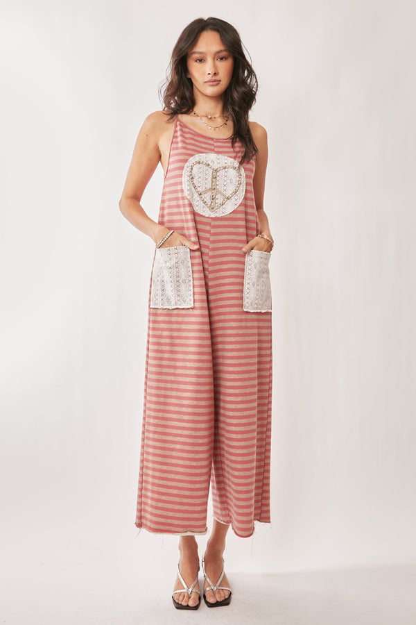 Striped French Terry Heart Jumpsuit - Coral Stripe