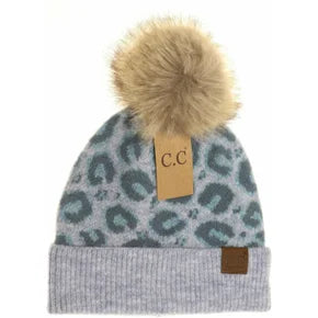 C.C Leopard Pattern Faux Fur Pom Beanie - Multiple Colors