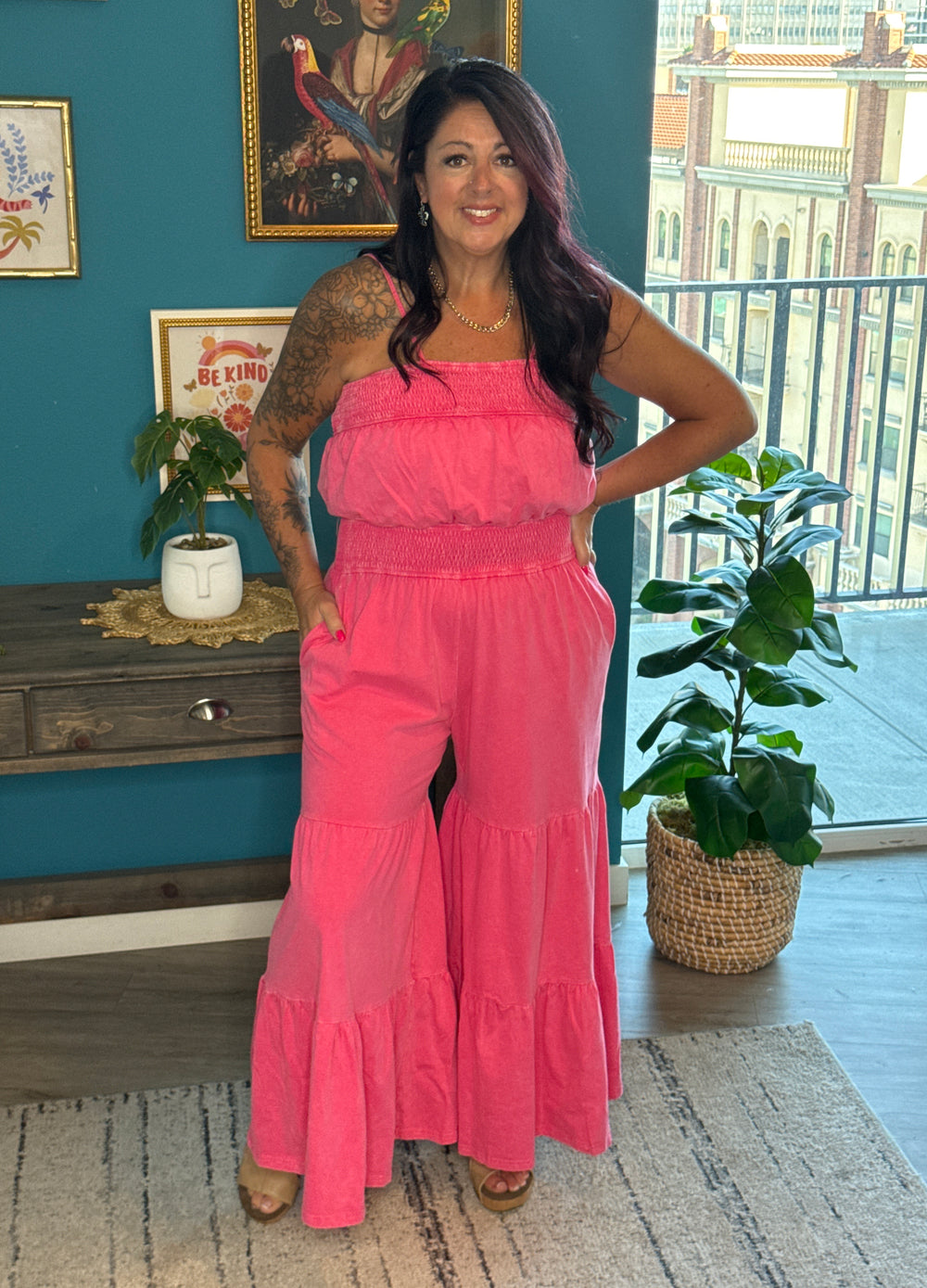 Mineral Washed Wide Leg Tiered Jumpsuit - Candy Pink