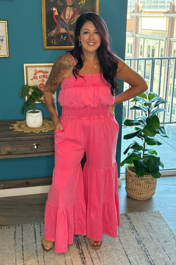 Mineral Washed Wide Leg Tiered Jumpsuit - Candy Pink