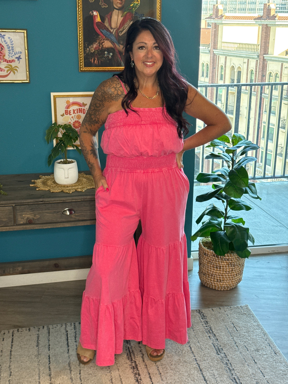 Mineral Washed Wide Leg Tiered Jumpsuit - Candy Pink