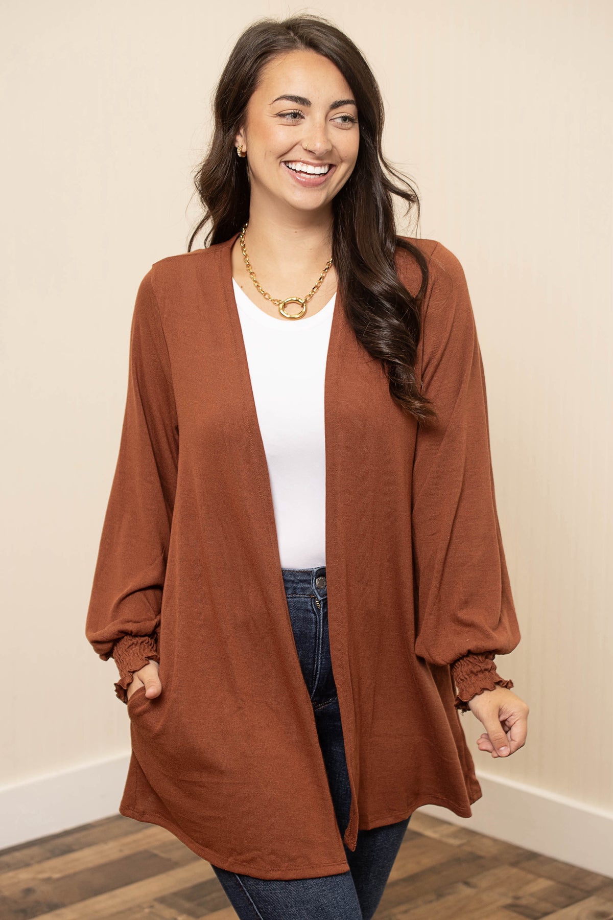 Soft Hacci Smocked Sleeve Open Front Cardigan - Multiple Colors