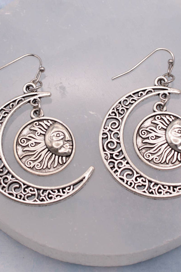 Silver Filigree Cresent Moon Sun Earrings