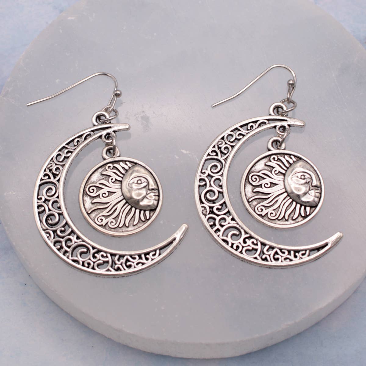 Silver Filigree Cresent Moon Sun Earrings
