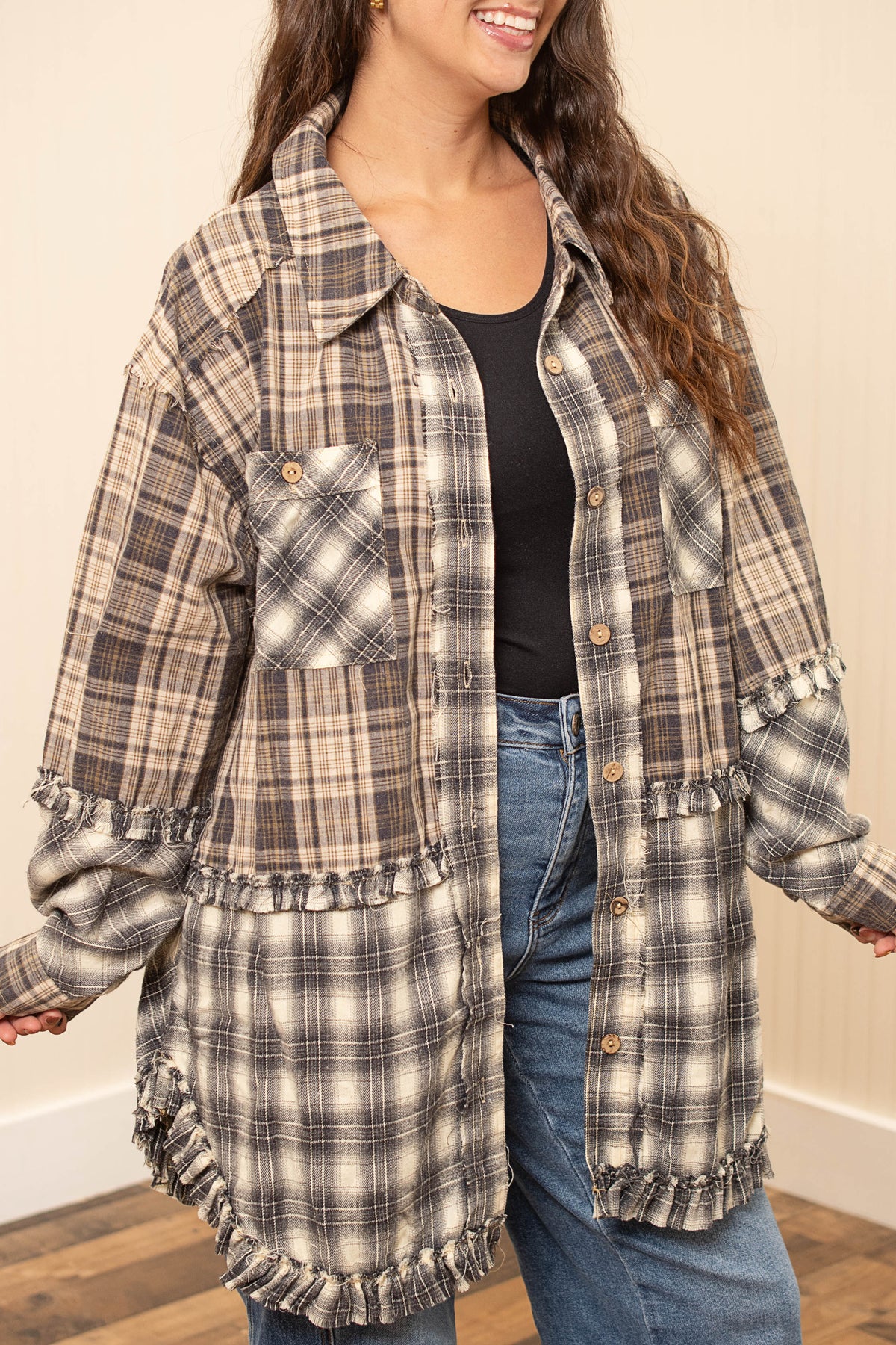 Mad About Plaid Ruffle Shirt in Navy