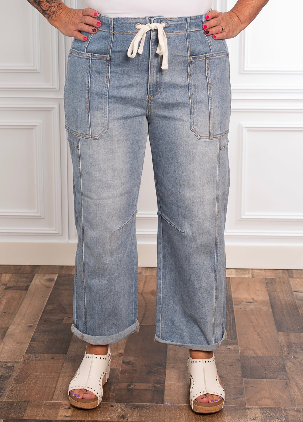 Risen High Rise Cropped Barrel Cargo Jeans