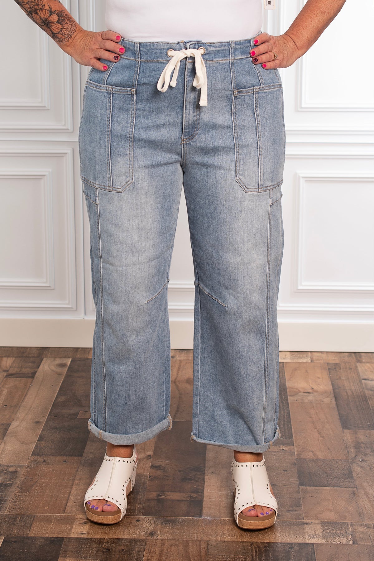 Risen High Rise Cropped Barrel Cargo Jeans