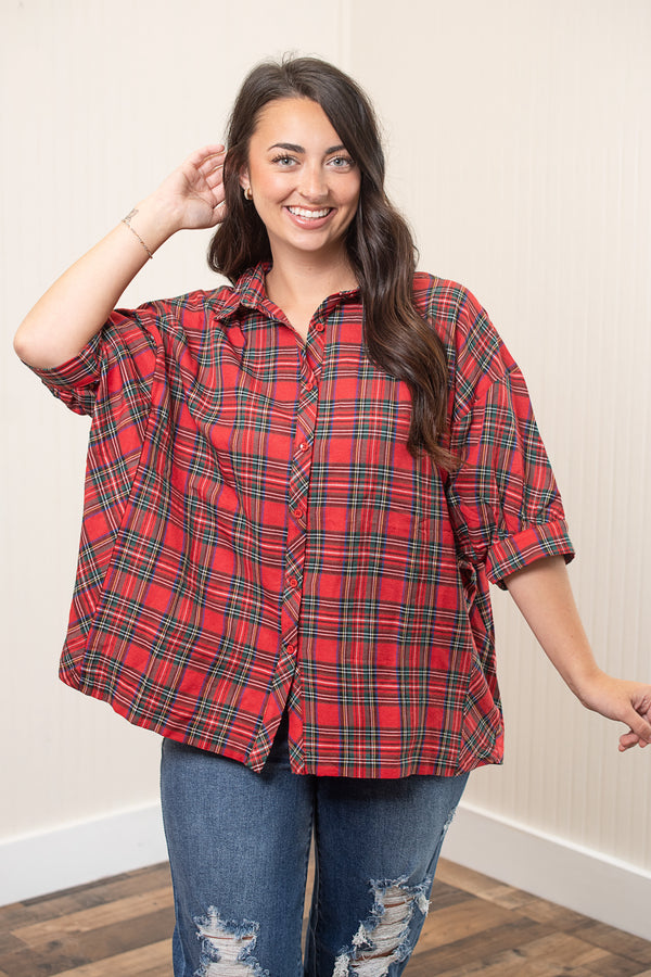 Plaid Button Front Short Sleeve Blouse