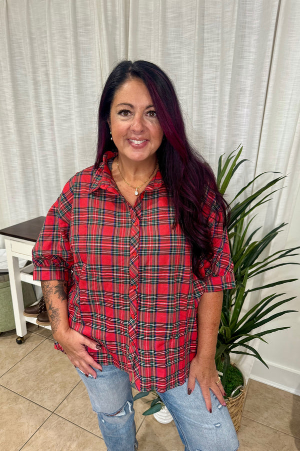 Plaid Button Front Short Sleeve Blouse