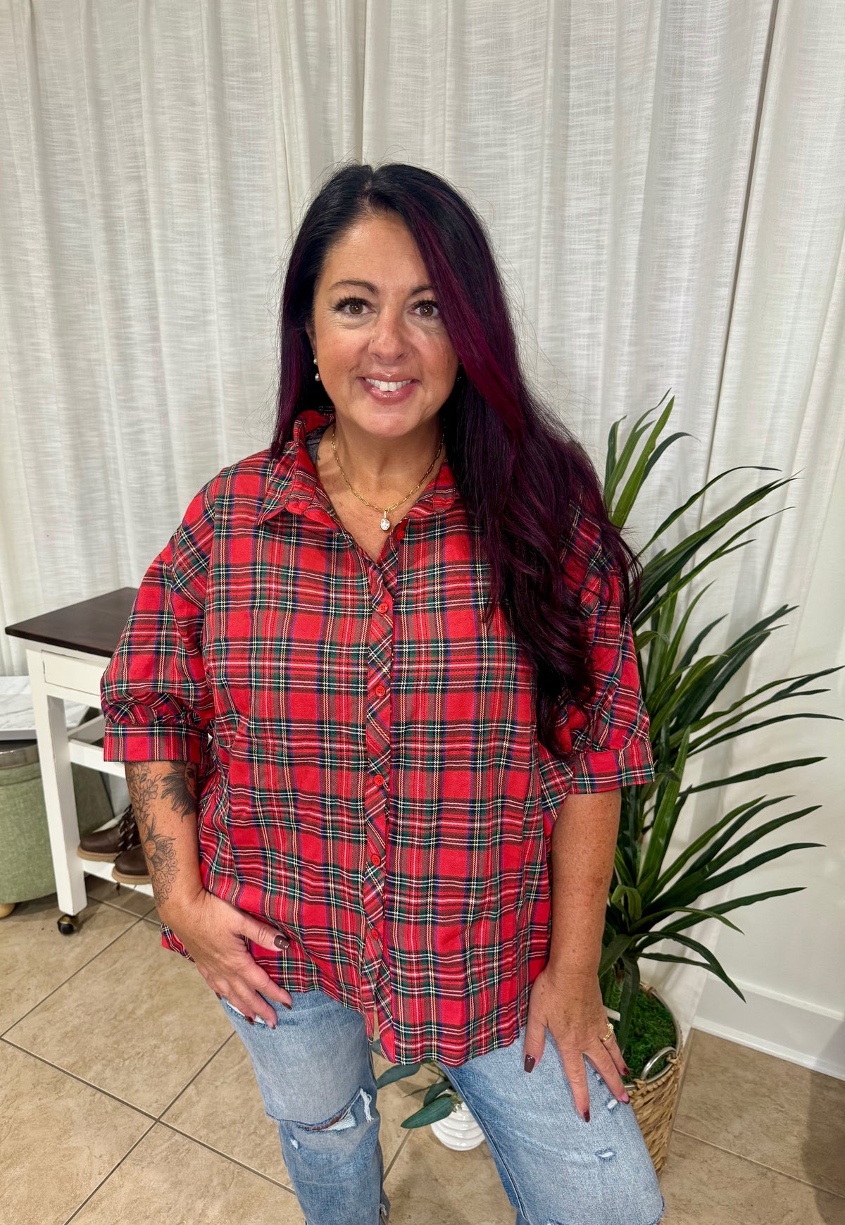 Plaid Button Front Short Sleeve Blouse