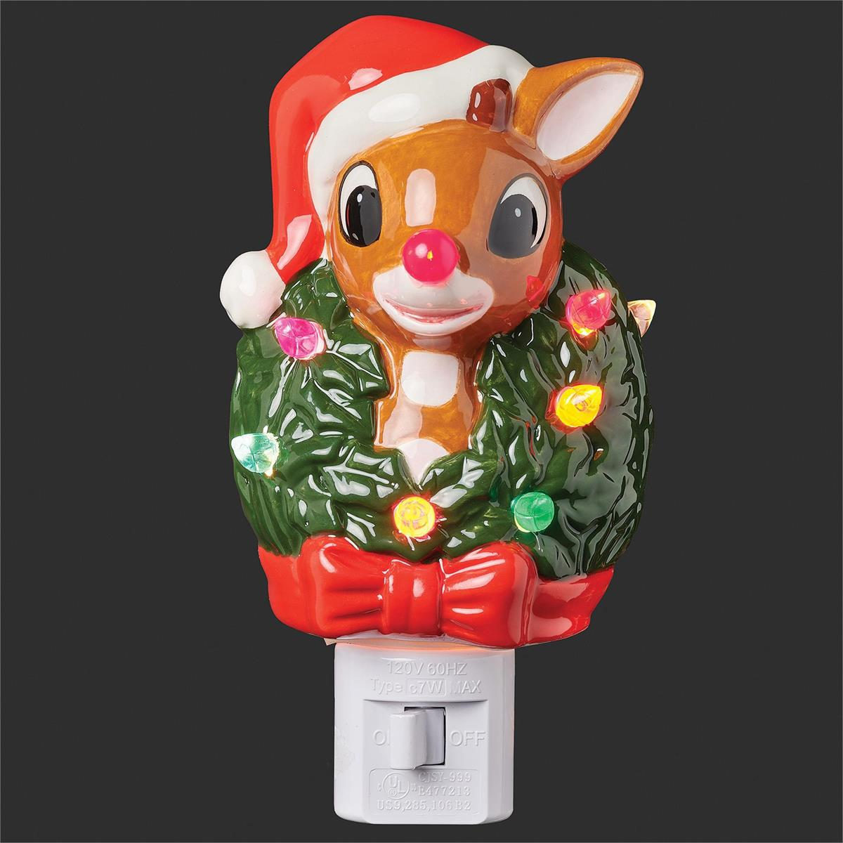 5"H Lighted Rudolph W/ Wreath Around Neck Night Light