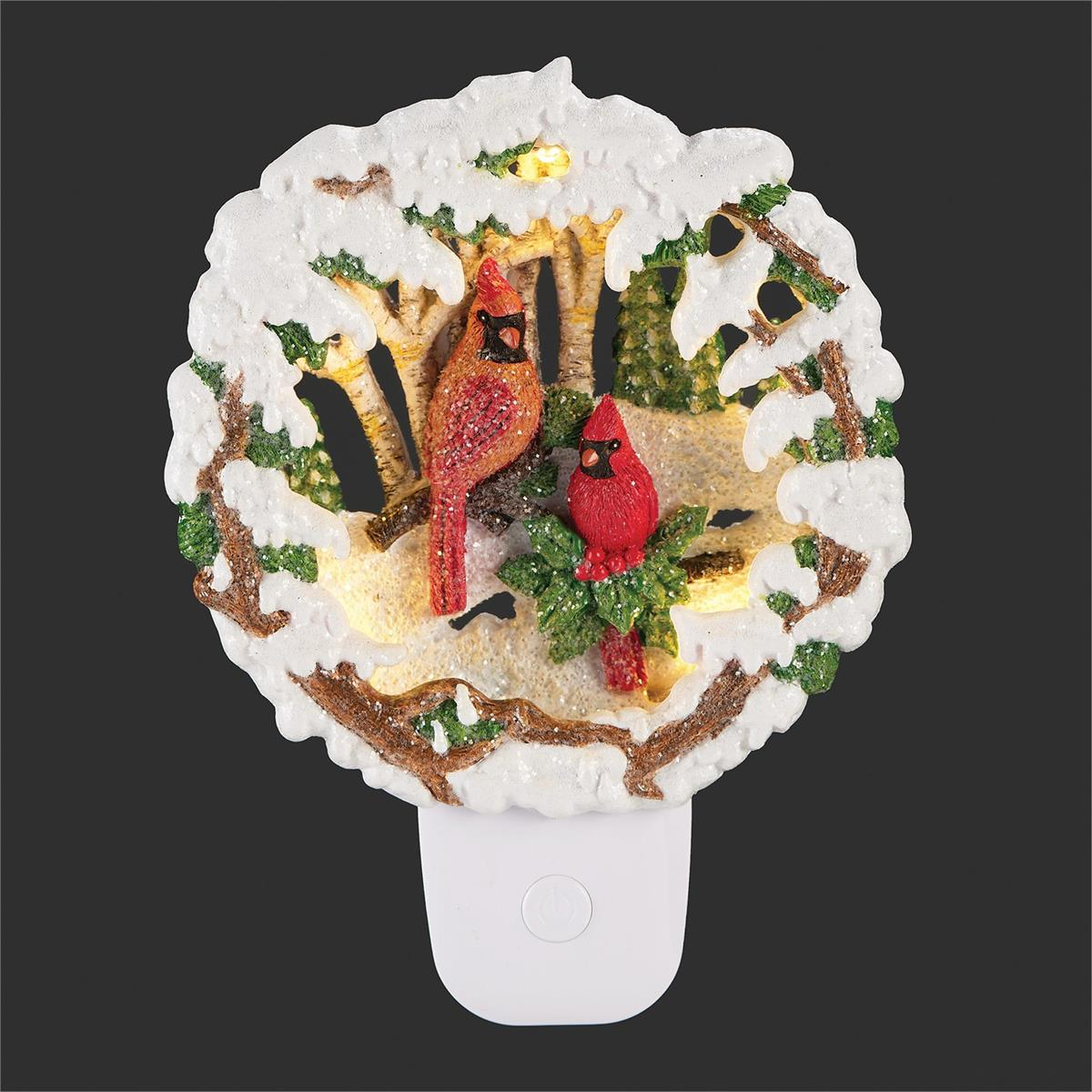 7"H Night Light Cardinal Scene Framed In Snow With Swivel Plug