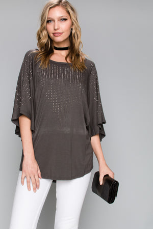 Wide Neck Top with Rhinestones - Charcoal