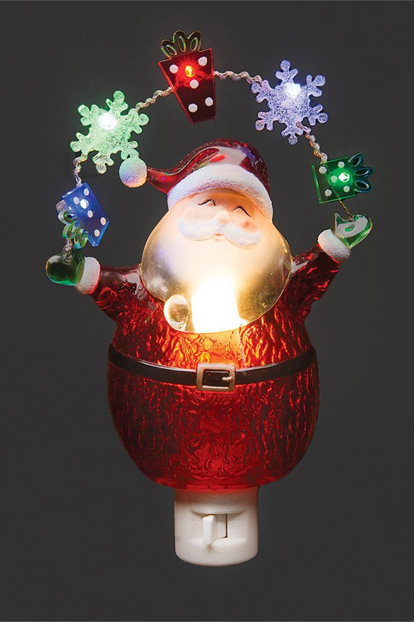 7.75"H Santa With LED String Snow & Gift Icons Night Light