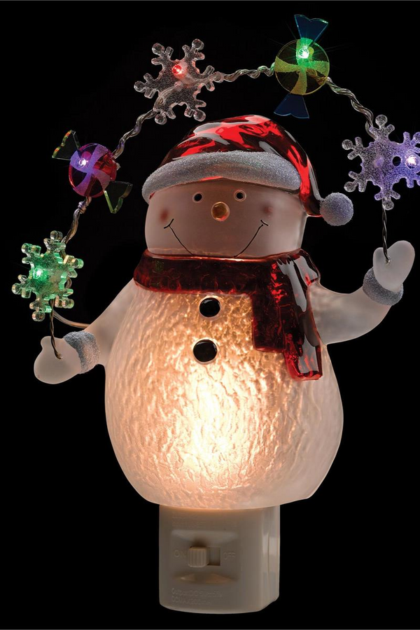7.7"H Snowman W/ LED Night Light Snowflake/Candy Icons