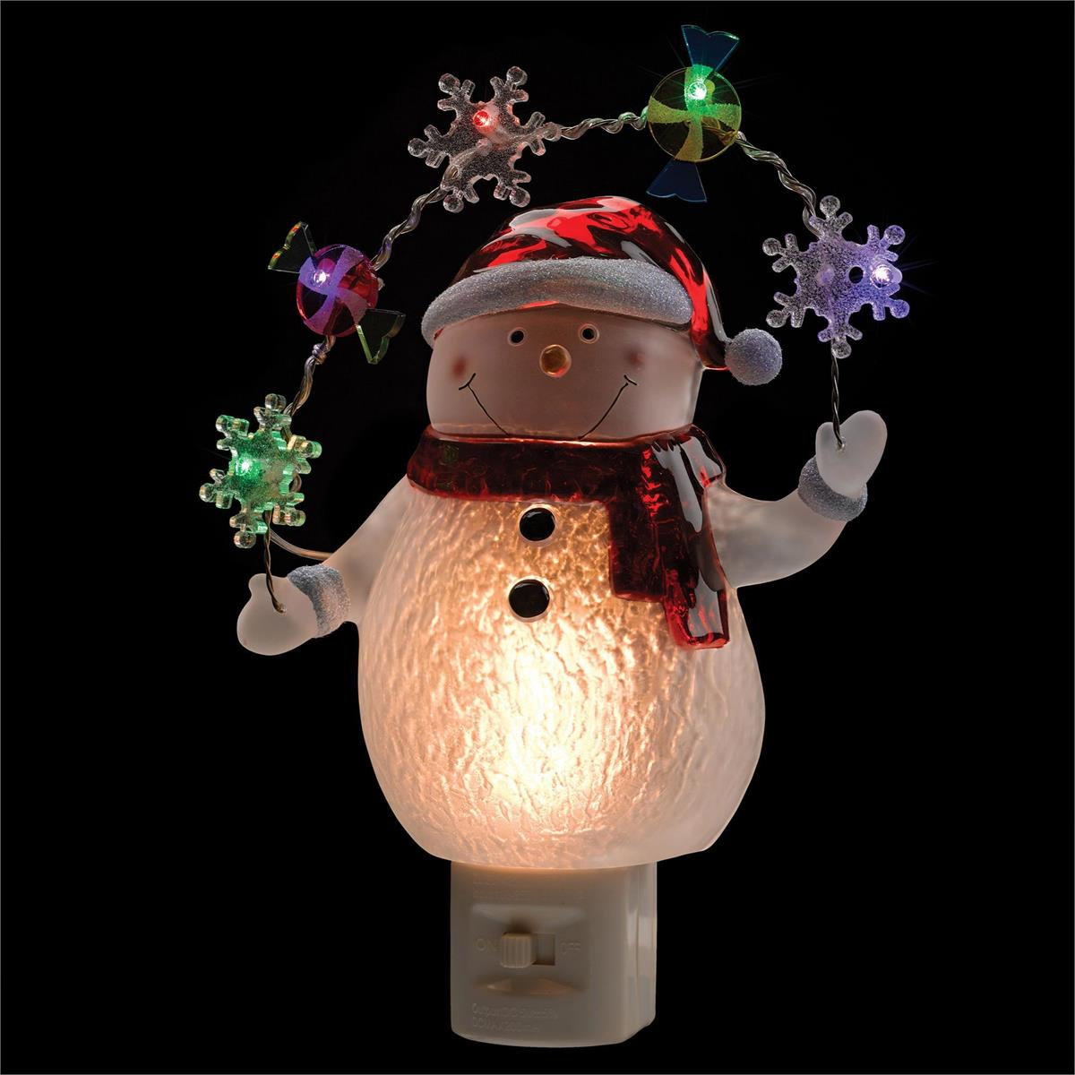 7.7"H Snowman W/ LED Night Light Snowflake/Candy Icons