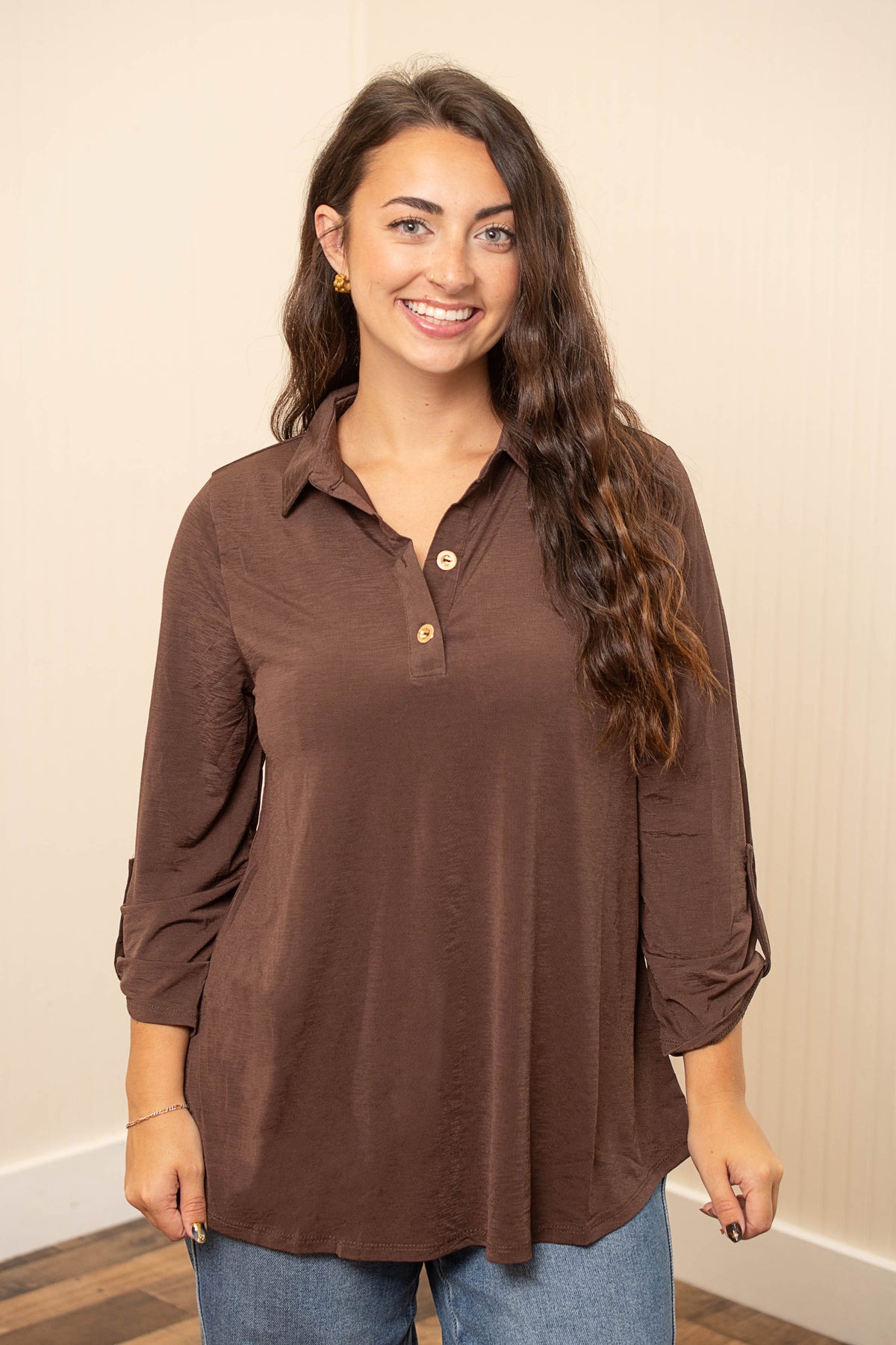 Polished & Easy Henley Top in Chocolate