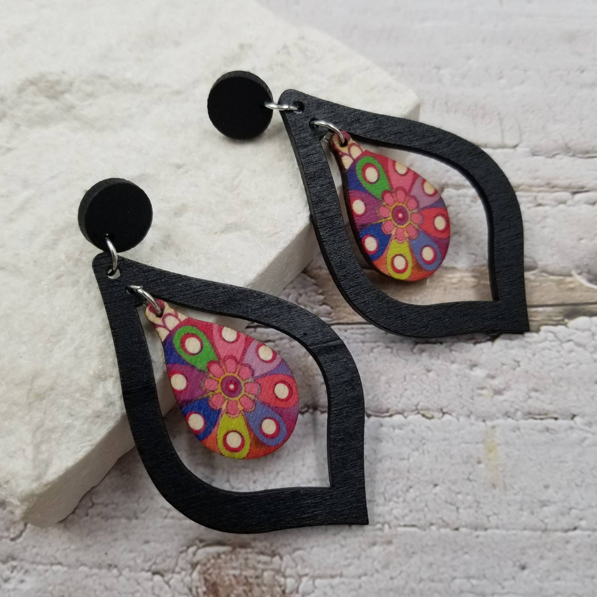 Wood Flower Drop Earrings ~2 Colors