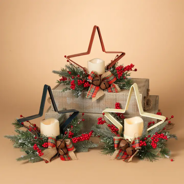 10" Metal Star Christmas Candle Holder W/ PVC, Berry, and 3" LED Candle - Multiple Colors