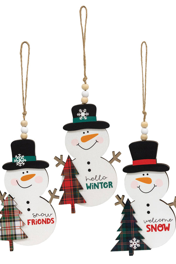 Welcome, Hello, Snow Plaid Christmas Tree Snowman Ornament