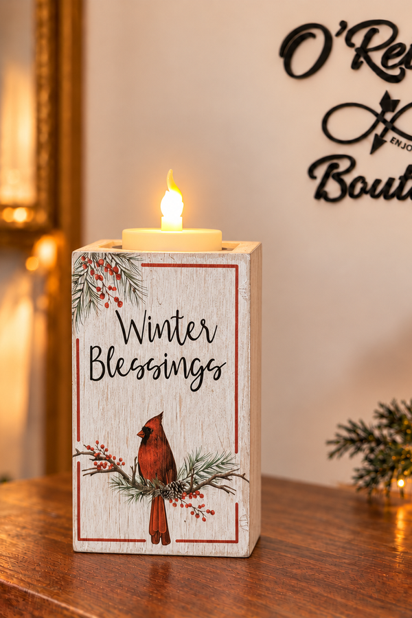 Winter Blessings Cardinal Candle Holder