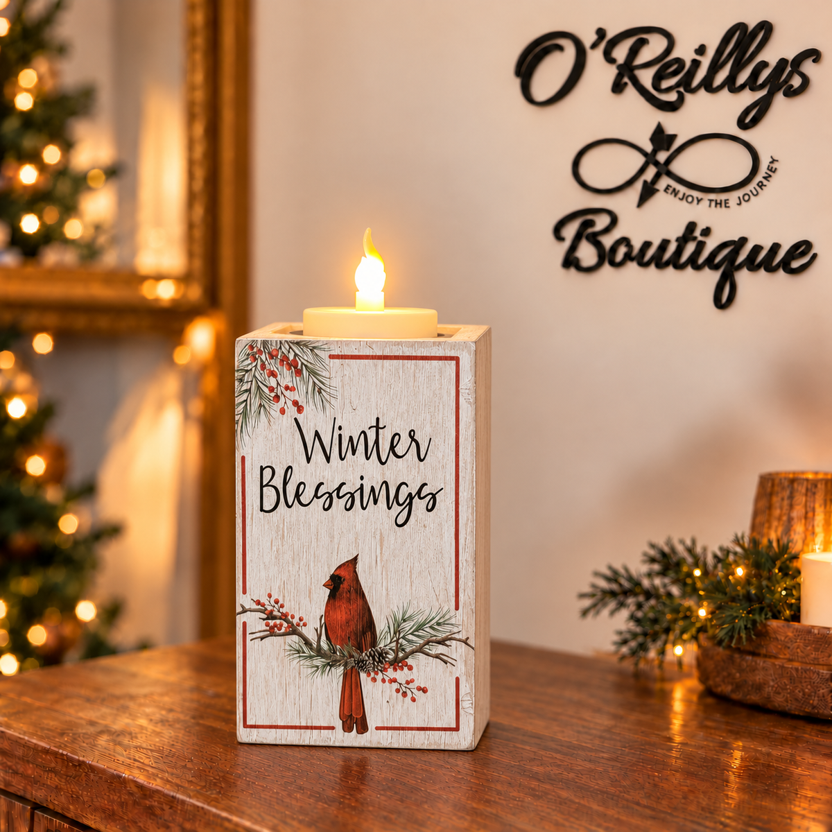 Winter Blessings Cardinal Candle Holder