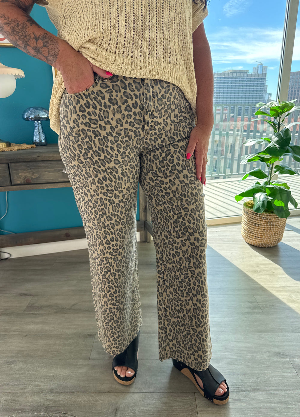 Animal Printed Washed Twill Wide Pants - Camel