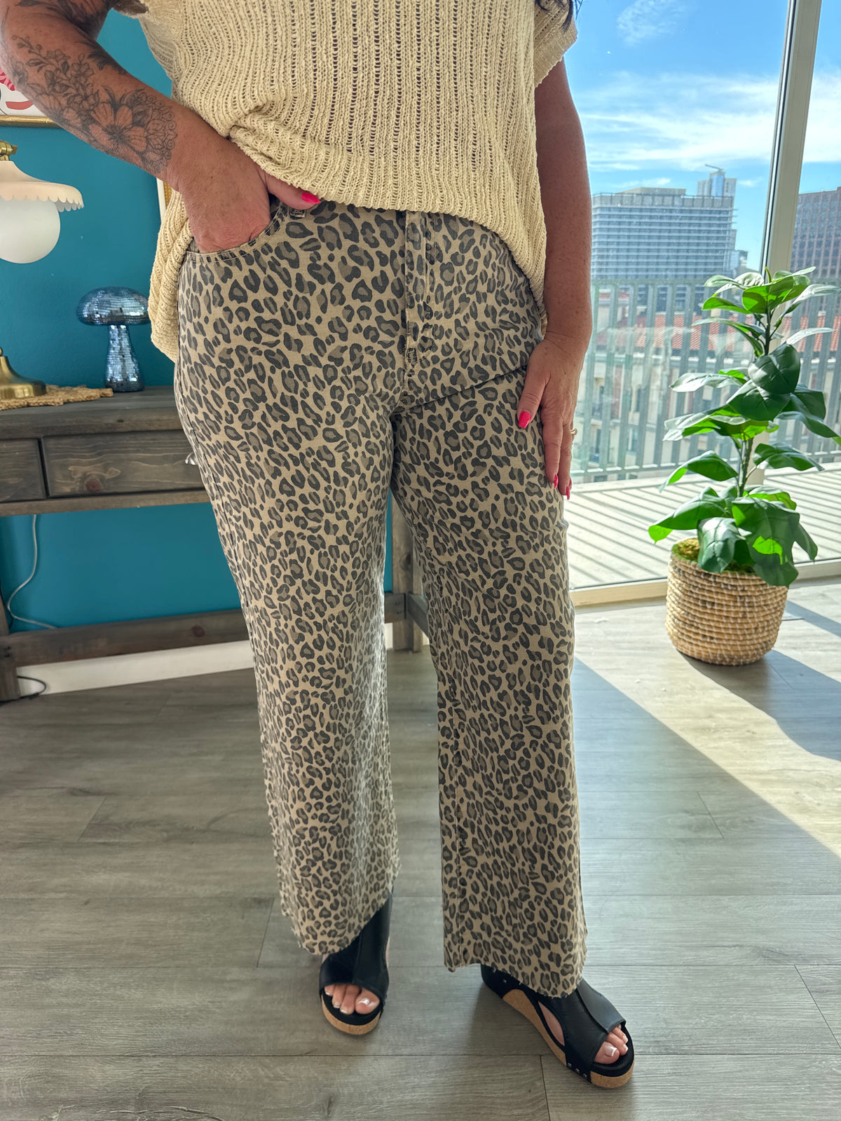 Animal Printed Washed Twill Wide Pants - Camel