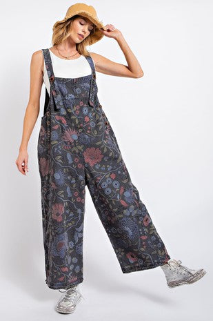 Flower Print Overalls - Black
