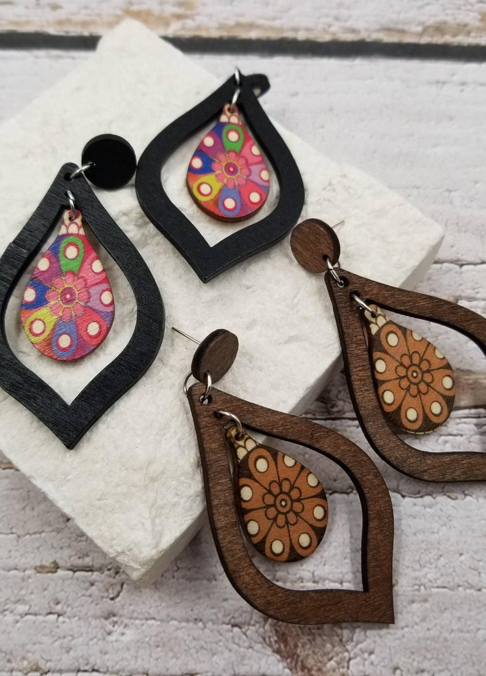 Wood Flower Drop Earrings ~2 Colors