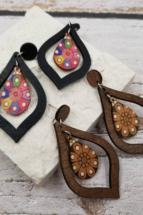 Wood Flower Drop Earrings ~2 Colors