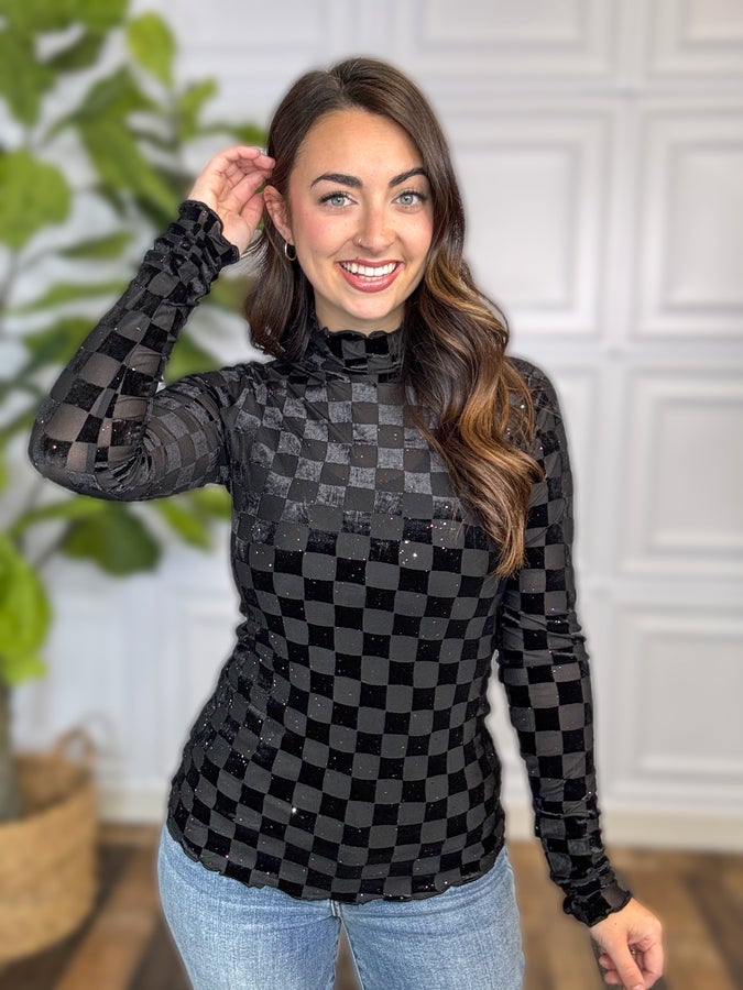 Times Square Velvet Mesh Top - Black Checkered