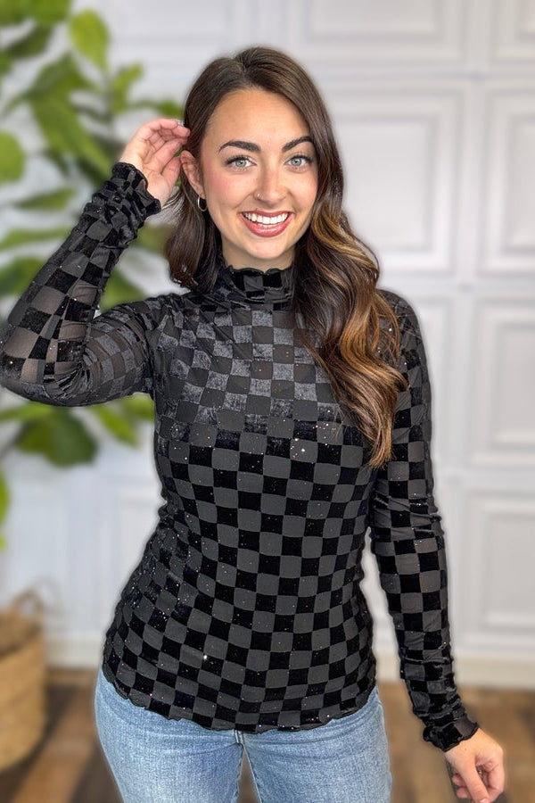 Times Square Velvet Mesh Top - Black Checkered