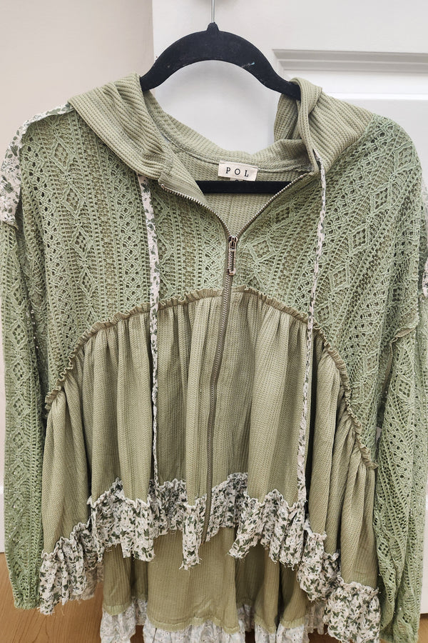 Crochet Lace Ruffle Zip Top