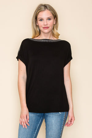 Boat Neck Embellished Short Sleeve Top - Black