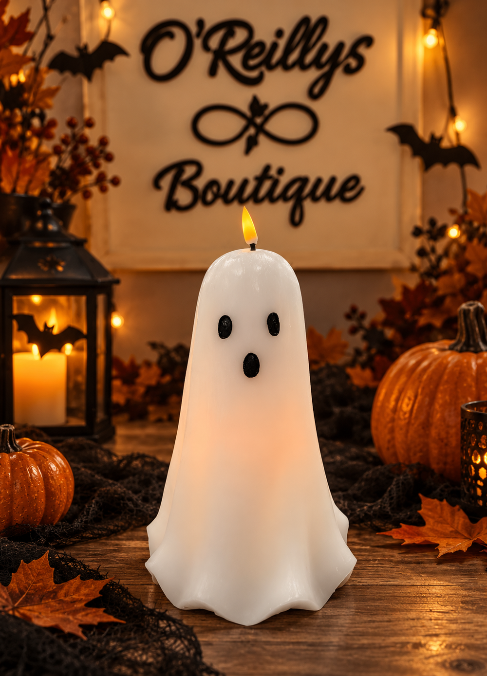 B/O Lighted Halloween Ghost Wax Candle W/ Timer
