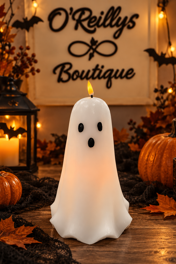 B/O Lighted Halloween Ghost Wax Candle W/ Timer