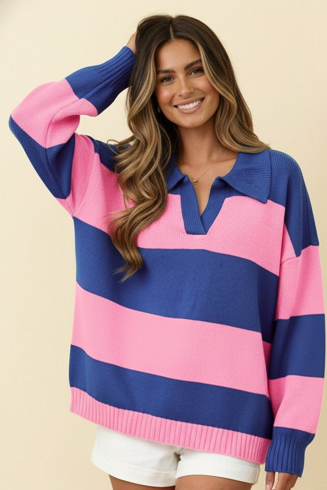Chasing The Good Life Sweater - Cobalt Blue/Rose Pink