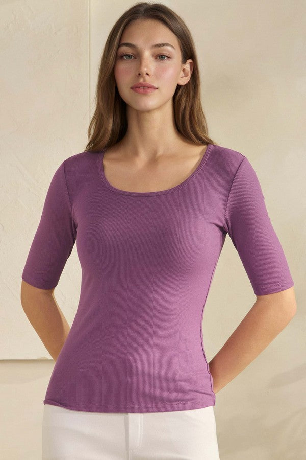 Mid Sleeve Ribbed Fitted Top - Multiple Colors
