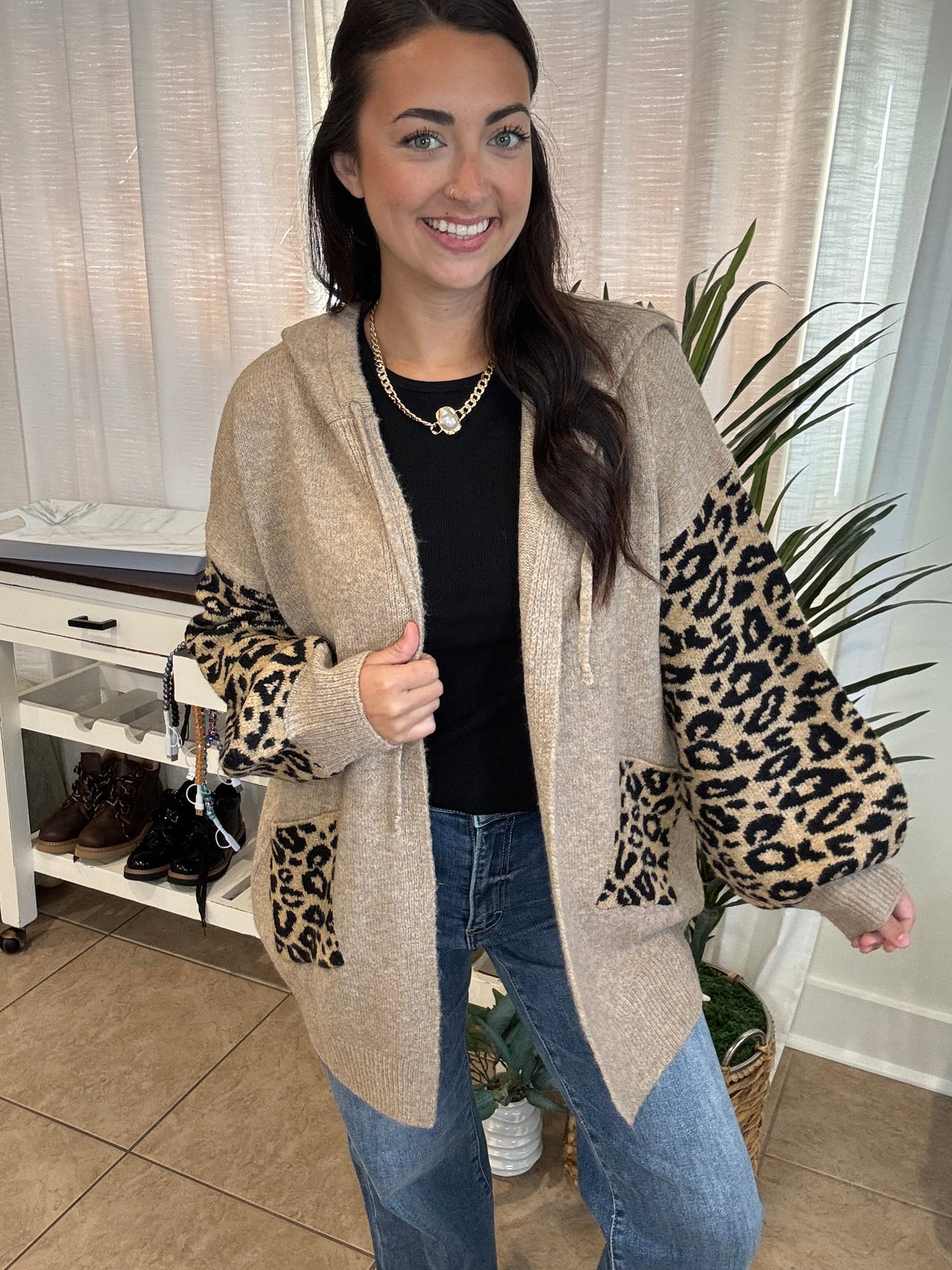 Hooded Leopard Print Contrast Cardigan With Pockets