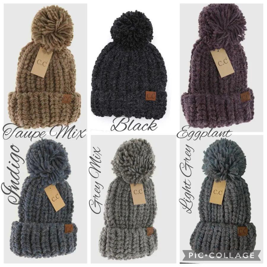 C.C Chunky Knit Yarn Pom Beanie - Multiple Colors