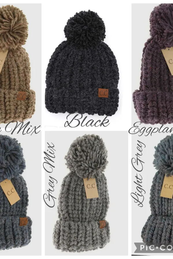 C.C Chunky Knit Yarn Pom Beanie - Multiple Colors