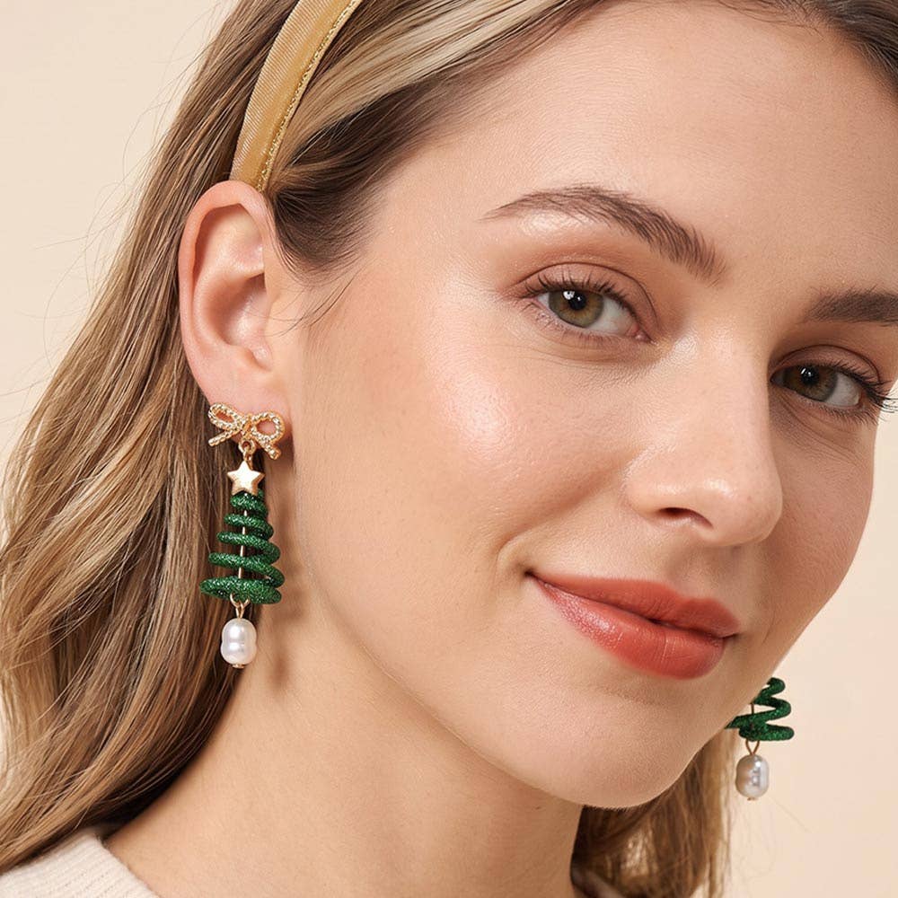 Christmas Bow Tree Pearl Drop Dangle Earrings