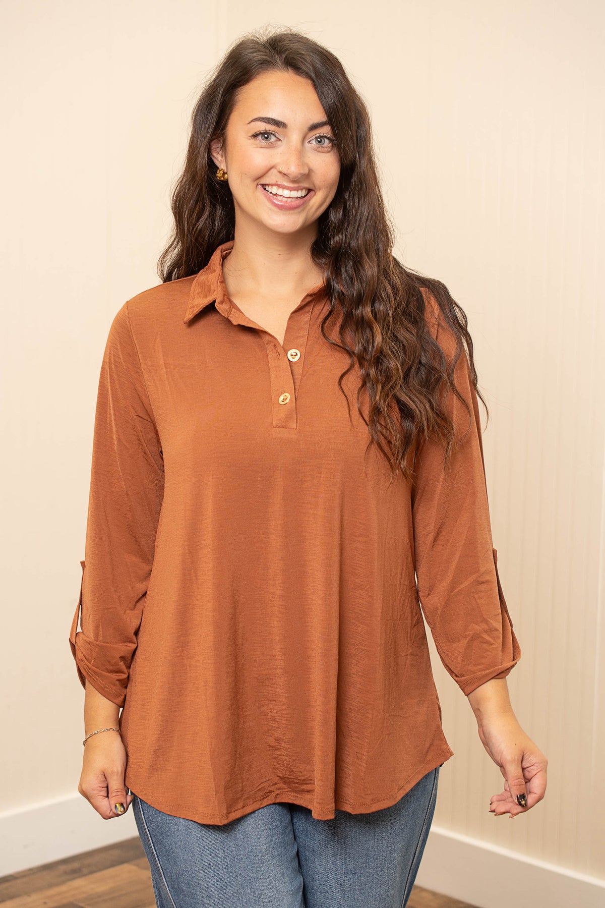 Polished & Easy Henley Top in Caramel