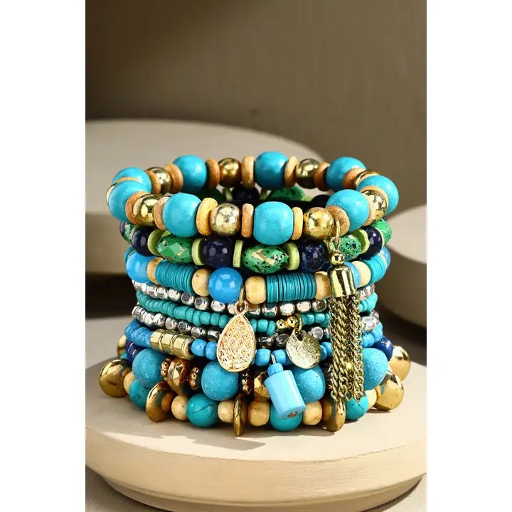 9 Layered Mixed Bead Stretch Bracelet - Turquoise